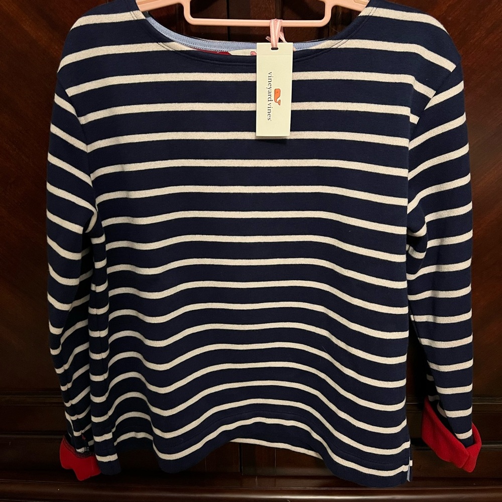 NWT!!! Vineyard Vines Navy and Cream Striped Sweatshirt with Red Cuffs